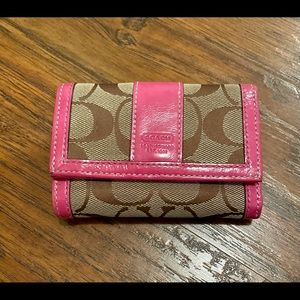 Coach Signature Logo Trifold Wallet Pink Trim